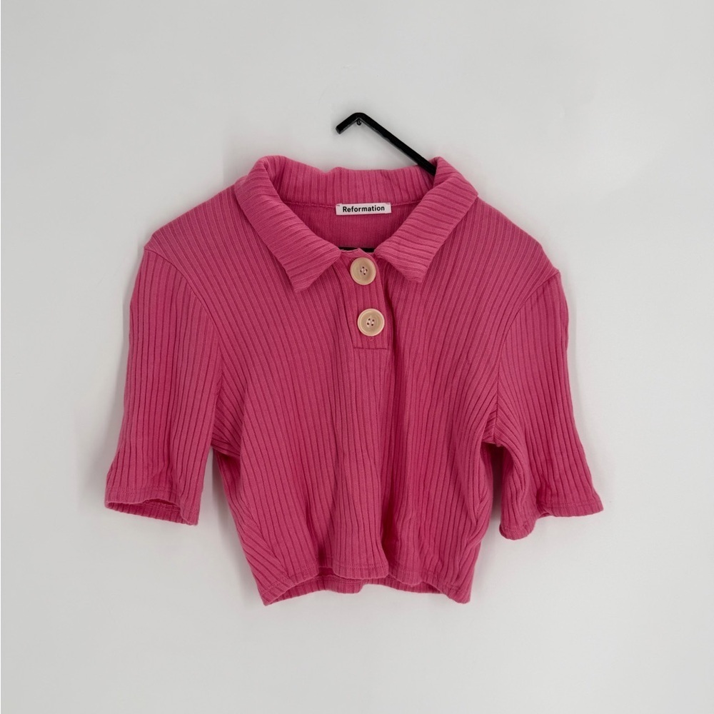 Reformation Peggy Pink Cropped Knitted 2 Button Front Polo Top